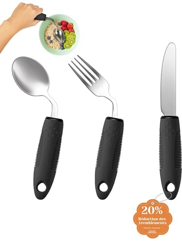 CuraVita Adaptives Besteckset (3-teilig) – 42° gewinkelt, 85 g gewichtetes Besteck bei Parkinson, Handzittern und Arthritis – ergonomische Esshilfen mit rutschfestem Griff (Rechtshänder)