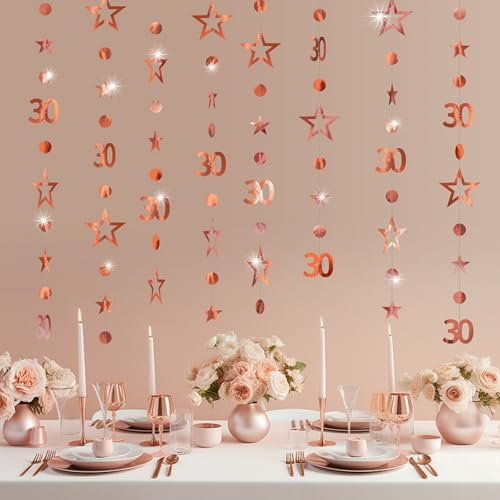 3m Long 30th Birthday Decorations,30th Birthday Banner,Rose Gold-Colored Bir-thday Party Decorations,30-th Rose Gold Circle Dots Star Garland Birth-day Party Decora-tions,Happy 30-th Birth-day Banner