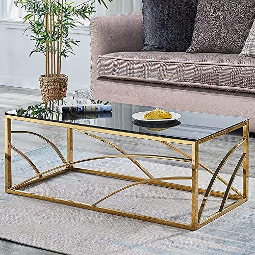 Moderner rechteckiger Couchtisch aus Edelstahl für Wohnzimmer, 120 cm, Glas-Teetisch mit schwarzgrauer Tischplatte aus gehärtetem Glas (Gold)