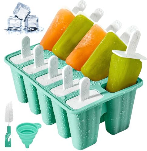 Stampi per Gelato, Stampi per Ghiaccioli in Silicone, Riutilizzabili Ghiaccioli Stampol, con Spazzola di Pulizia e Imbuto Pieghevole, Formine per il Cioccolato e il Gelato Fai da Te (Verde, 10 Cavità)