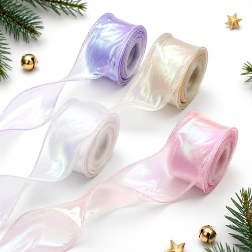 4 Rollen 40mm Geschenkband,Transparentes Schleifenband Schleifenband Lila Rosa Zimt Hochzeit,Schillerndes Organzaband,Geschenkband Breit,Hochzeit,Seinladungen,Blumenstrauß