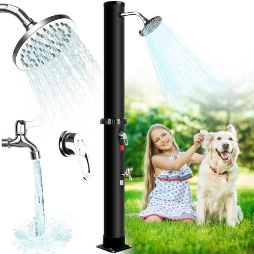 Qdreclod Ducha Solar 35 litros, Caliente y Frío Regulable, Máx. 60 °C, Sin Electricidad, Ducha de Jardín con Rociador Giratorio, Grifo de pie y Conexión para Manguera (60L)