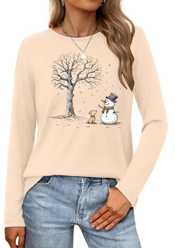 tiorhooe Christmas Long Sleeve Shirt for Women Cute Snowman Shirts Xmas Crewneck Long Sleeve Tops (Beige1,L)