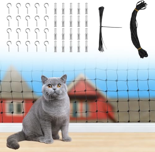 Katzennetz für Balkon Ohne Bohren, 4x4m Schwarz Katzennetz Drahtverstärkt mit Befestigungsseil und Zubehör, Nylon Katzenschutznetz UV-Beständig & Witterungsfest von Balkonen, Terrassen Und Fenstern
