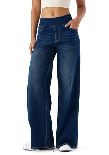 LaiEr Damen Denim Hose mit weitem Bein, hohe Taille, gerades Bein, lockere Passform, Unregelmäßiger handgeriebener Katzenschnurrhaarverlauf hohe Elastizität Casual Jeans(DarkBlueNostalgicXL)
