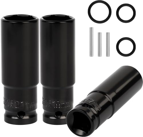 3tlg Schlagschrauber Nuss Set 1/2 Zoll mit Sicherungsstift und O-Ring, 17 19 21 mm Schonnüsse aus Kohlenstoffstahl, mit Felgenschutz für Radwechsel und Radschrauben, Länge 78mm