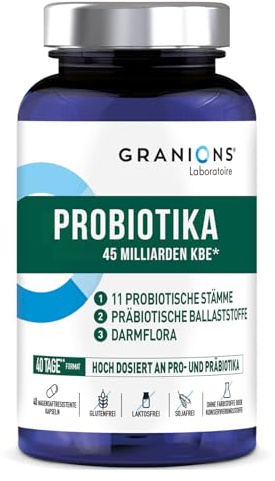 Probiotika Kapseln - 45 Milliarden KBE - 9 Stämme Für Darmflora Aufbauen | Probiotika 9 Bakterienstämme Hochdosiert Für Darmflora, Immunsystem & Verdauung Aufbauen - Natürlich & Vegan - GRANIONS