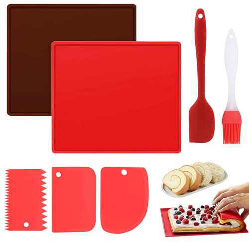 Silikon Backmatte mit Rand, 2 Stück Swiss Roll Cake Mat 31 x 26 x 0.9 cm | Rutschfest Silikon Backblech Rollmatte Backblech-Auflage für Biskuitrollen Gebäck Waffeln
