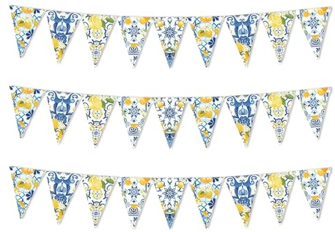 Dolce Vita Dekoration, Zitrone, Vintage, Blau, Gelb, für Terrasse, Garten, Geburtstag, Hochzeit, Sommer, Zitronen-Deko, wiederverwendbar, italienische Wimpel, festlich, für Party, Außenbereich, Haus