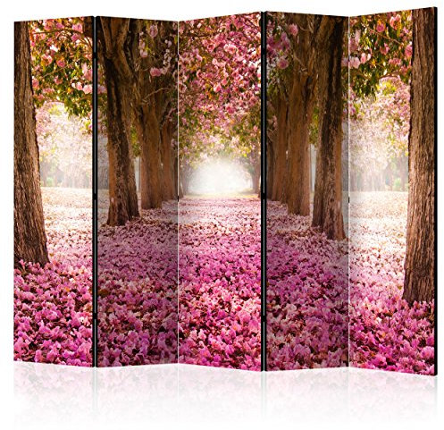 decomonkey Paravent Raumteiler Innen Wald Blumen Rosa 225x172 cm 5 Teilig Beidseitig Room Divider Wall Raumteiler Stehend Trennwand Sichtschutz Spanische Wand Sichtschutzwand Wohnzimmer Holz