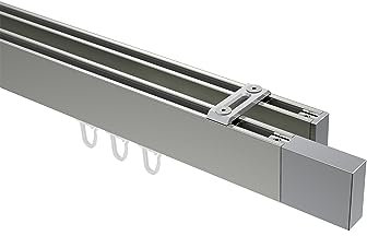 Interdeco Innenlauf-Gardinenstangen (Deckenbefestigung) eckig Edelstahl-Optik/Chrom doppelläufig Typ 10212917, 240 cm