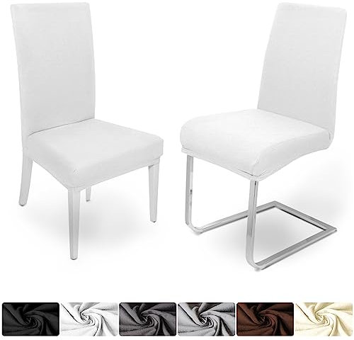DecoHomeTextil Heimtextilmanufaktur Universal Stretch Uni Stuhlhusse Stuhlhussen Husse Hussen mit 200g/m² 6er Set Weiß Farbe und Set Größe wählbar Stuhlbezug Stuhlüberzug Elastisch