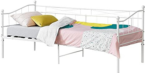 [en.casa] Metall-Tagesbett Arjeplog 90x200 cm Bettgestell Jugendbett Metallbett Einzelbett Weiß