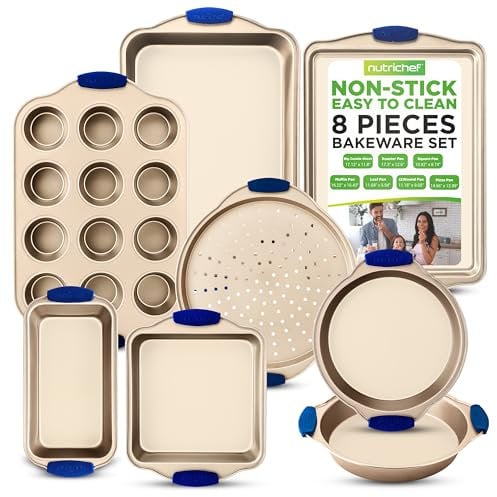 NutriChef Set 8 Pezzi Teglie Forno Antiaderenti in Acciaio al Carbonio con Manici Blu, Include Teglie da Forno per Pizza, Pane, Dolci, Torta, Biscotti, Stampo Muffin e Stampo Plumcake