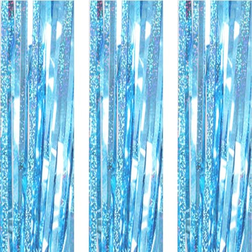 AILEXI 3er Pack Metallic Lametta Vorhänge Folie Fransen Schimmer Luftschlangen Vorhang Tür Fenster Dekoration für Geburtstag Hochzeitsfeier Lieferungen 3ft * 8ft - Laserlichtblau