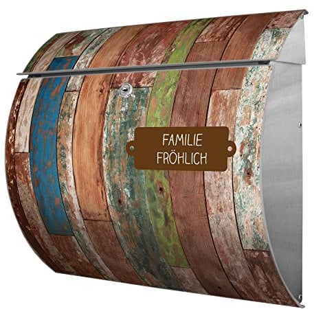 banjado® Burgwächter® Briefkasten Edelstahl mit Motiv Buntes Holz/Edelstahl Briefkasten mit Namen personalisierbar/Briefkasten ohne Zeitungsfach mit Kippdach & Öffnungsstopp, 2 Schlüssel