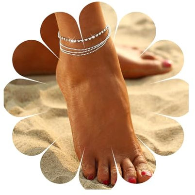 Aneneiceera Boho Layered Strass Cheville Argent Diamant Cristal Cheville Bracelet Été Plage Pied Chaîne Bijoux De Mariage pour Femmes et Filles Cadeaux