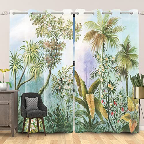 SDOTPMT 107x215cm Vert Palmier Feuilles Rideau de la fenêtre Tropical Botanique Végétaux Fleur Rustique Ferme Paysage Rideau Occultant pour Chambre Blocage léger Rideau, 2 Panneaux