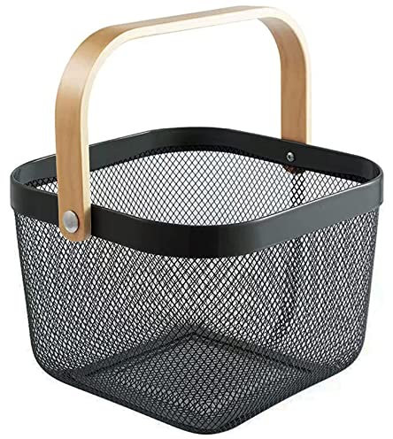 HOJKMA Panier de rangement en maille en acier avec anse en bois, fil métallique multifonction, panier de cuisine, panier à fruits, idéal pour la cuisine, la salle de bain, le shopping, noir