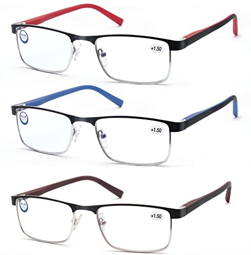 MODFANS Un Pack de 3 Gafas de Lectura Hombres Mujeres Anti Luz Azul,Rectangular Metal Acero Inoxidable - Lente Clara,Vision Clara - Ligeras Comodas,Colores Marron Azul Rojo
