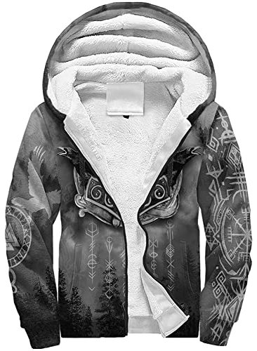 WDBAYXH Nordische Mythologie Thors Hammer Zipped Fleece Hoodie, Viking Winter Warme Sweatshirt 3D Allover Bedrucktes Hoody Streetwear, Casual Kapuze Sweatjacke Pullover,Mjolnir,S