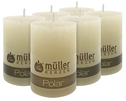 Müller Kerzen POLAR Stumpenkerzen mit Raureif-Effekt - Set mit 6 Rustikale Kerzen - Elfenbein - 58 x 90 mm - Lange Brenndauer 32 Stunden - Unparfümiert - Tropfenfrei - RAL Qualität…