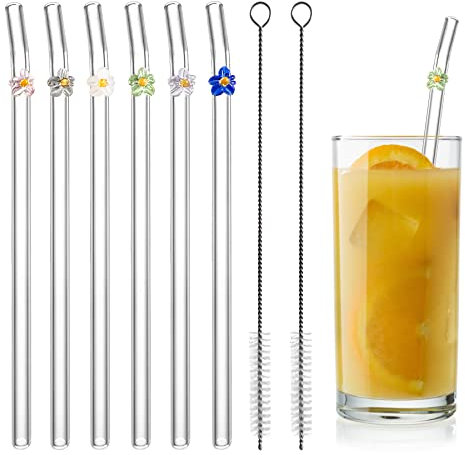 Glass Straws Reusable Drinking Straws, Set of 6 with 2 Cleaning Brushes, with Colorful Flowers, Shatter Resistant Straws with Design, Curved Design for Smoothies, Cocktails, and Beverages