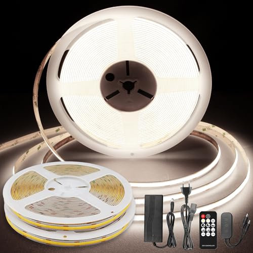 TTWAY Tira LED COB 20m 4000K Con Fuente de Alimentación y Control Remoto, 384LEDs/M, DC24V, CRI 90+, 8mm Ancho, Blanco Natural Regulable Para Decoración del Hogar (2x10m)