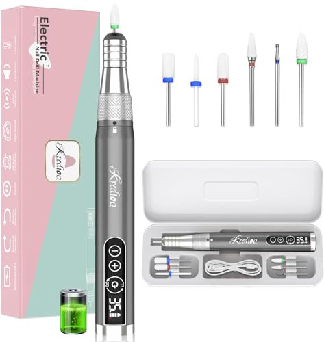 Kredioo Torno para Uñas Profesional, Inalámbrico 35000 RPM Velocidad Ajustable, Recargable Lima Electrica Uñas, Lápiz Manicura y Pedicura, Pulidor Portatil, Kit con 6 Brocas, para Salón DIY (Gris)