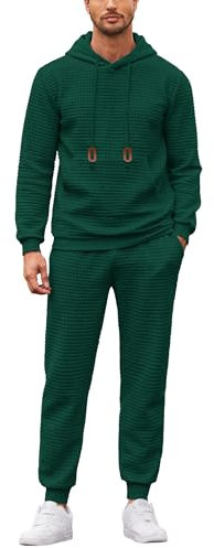 COOFANDY Herren-Trainingsanzug, 2-teilig, Hoodie, Sweatsuit-Set, lässig, athletisch, Jogginganzüge, Waffelmuster, kariert, Jacquard-Outfits, Grün , Small