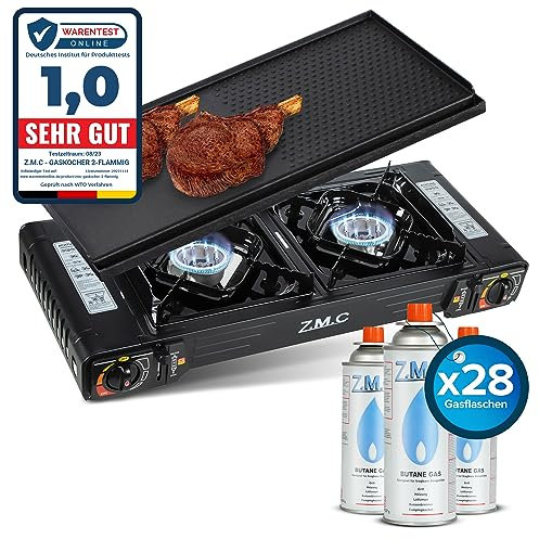 Z.M.C Premium Camping Gaskocher 2-flammig + Grillplatte + 28 Gaskartuschen 227g, Campingkocher mit Transportkoffer für Outdoor und Innenraum, Balkon Tisch Doppelgaskocher mit Piezozündung