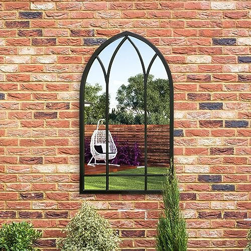 MirrorOutlet The Arcus - Black Metal Framed Modern Arched Garden Wall Mirror 32 X 19 (83CM X 48CM) Black. 2cm Wide Frame and 3cm Deep.