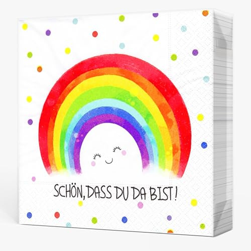 20 Servietten Regenbogen, Schön, dass du da bist, Servietten mit lächelndem Gesicht-Regenbogenmotiv, Taufe, Kinder Geburtstag, Mädchen Babyparty, Konfirmation, Tischdeko, 33x33cm