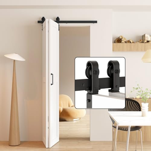 DonYoung Kit de herrajes para puerta de granero plegable, riel de 36 pulgadas para 2 paneles de puerta, puertas no incluidas, rodillo de montaje lateral resistente para un deslizamiento suave, se