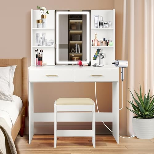 QUALIKRAFT - Wickeltisch Set mit Spiegel und Hocker und Lichter, Wickeltisch mit Spiegel und Steckdose, Wickeltisch mit Schubladen, Wickeltisch weiß mit beleuchtetem Spiegel,