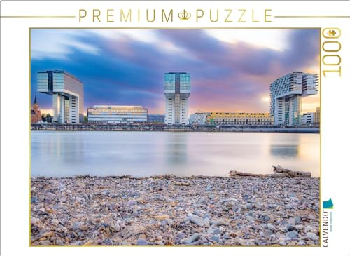 Puzzle · Der Rheinauhafen kurz nach Sonnenuntergang | Die Kranhäuser des Rheinauhafens mit dem Rhein im Vordergrund · 1000 Teile · Lege-Größe 64 × 48 cm · CALVENDO Puzzle