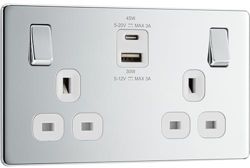 BG Electrical Double Switched Power Wall Plug Socket with Super Fast Charge Type A and C USB Ports, Screwless, Flatplate, Polished Chrome, White Inserts, 13A, 45W, FPC22UAC45W