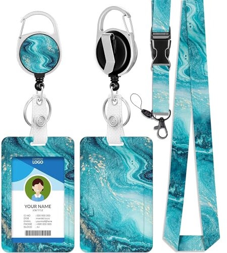 bolimoss Cordon en marbre avec porte-carte, porte-badge en plastique avec cordon tour de cou, bobine rétractable et mousqueton pour protection de carte rigide (bleu océan)