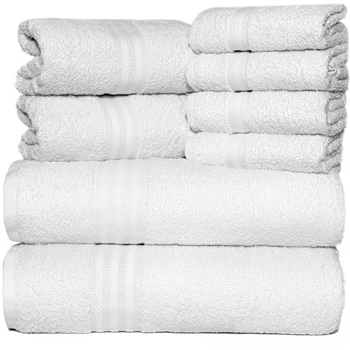runico Set de Serviettes en Coton 100%, 8 pièces, 2 Serviettes de Bain, 2 Serviettes de Bain, 4 Chiffons à Laver. Idéal pour Salle de Bain, Salle de Gym, hôtel et Spa. Très Absorbant Blanc