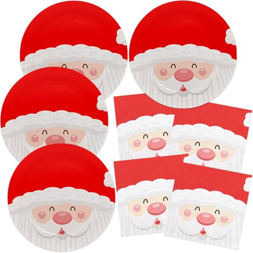 HNH Set di Piatti e Tovaglioli per Natale | Babbo Natale, Rosso | Piatti 23cm, Tovaglioli 33cm | Stoviglie Usa e Getta per 20 Persone