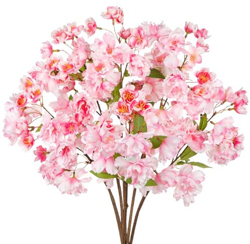Hollyone 6PCS Künstliche Blume Rosa Künstliche Kirschblütenzweige 47cm, Frühlingsblumen Deko Blumen für Vase Frühling Sakura Seidenblumen Pfirsich Bouquet für Blumengesteck Tisch Home Dekoration