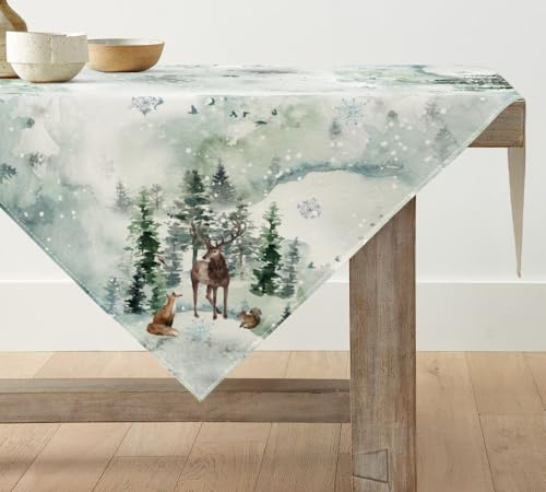 Artoid Mode Bäume Schneeflocken Fuchs Rentier Weihnachten Tischdecke, Tischwäsche Winter Küche Tisch Dekoration Drinnen Urlaub Party Dekor 100x100 cm
