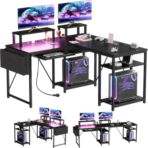 Airfish Bureau d'angle avec Rangement 140×140cm, Bureau Gaming avec LED et Port de Charge USB, Bureau avec Étagère, Plateau pour Clavier, Prise de Courant et Support d'écran, Noir
