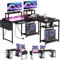 Airfish Escritorio Gaming de Esquinero y LED, 140x140cm Escritorio en L con 4 Cajones Reversible, Mesa en L con 2 Puertos de Carga USB y 2 Enchufes, Escritorio con Estante para Monitor, Negro