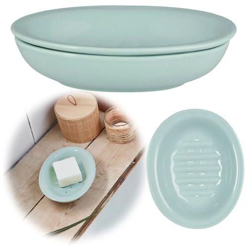 LS-LebenStil Vintage Keramik Seifenschale 2-teilig Blau 15cm Altum Seifenhalter gelocht Seifenablage mit Ablauf Auffangschale Seifenteller Seifenigel in Küche, Bad/Badezimmer
