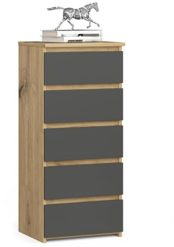 Kommode mit 5 Schubladen Kommode Schlafzimmer Flur Wohnzimmer Organizer Kommode mit Schubladen 40 cm breit 92 cm hoch | Artisan Eiche-grau Highboard Sideboard Mehrzweckschrank Schrank schmal