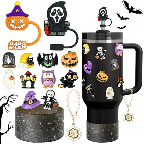 Stanley Tassen-Zubehör-Set mit 2 Halloween-Trinkhalm-Abdeckkappen für 9–10 mm Strohhalme, 10 Halloween-3D-Aufkleber, 1 Griffanhänger, 1 Silikon-Stiefelhülle für Stanley 1,2 l und 850 ml Becher