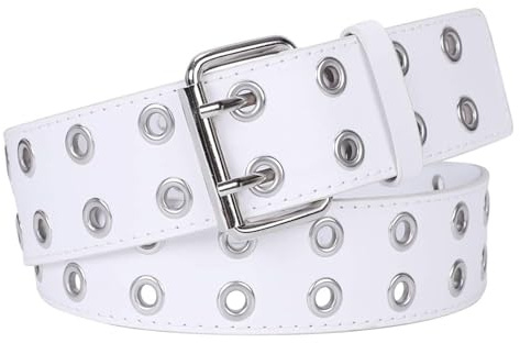 JASGOOD 2 Stück Doppelösen Gürtel PU-Leder Gürtel für Damen/Herren Halloween Punk Jeans 2 Loch Gürtel breit 3,8 cm, 02-weiß, S: Fit Wasit up to 34 Inch