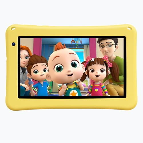 BISAIKASOW Tablet Android bambini 7 pollici, tablet bambini, 8 (4GB+4GB) RAM + 64GB ROM, spazio bambini, Wifi, tablet con custodia protettiva (Giallo)