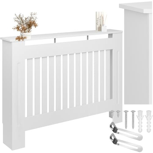 tectake® Heizkörperverkleidung, Holzverkleidung MDF, Heizungsverkleidung weiß mit Lamellen, Heizkörperabdeckung, Heizungsabdeckung, Verkleidung für Heizkörper, skandinavisch - 112 x 19 x 82 cm